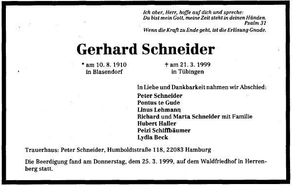 Schneider Gerhard 1910-1999 Todesanzeige